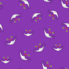 Alice in Wonderland seamless pattern. Cheshire cat smile on a purple background