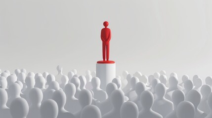 Red figure on a podium over white figures. Stock artificial intelligence concept.