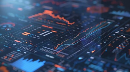 Digital dashboard displaying data analytics and financial charts. High-tech interface for business and technology concepts.