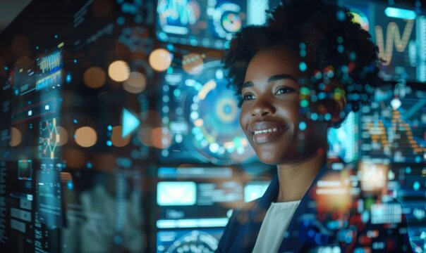 African American businesswoman using laptop to participate in video conference call, friends communicating on the phone, hologram digital interface