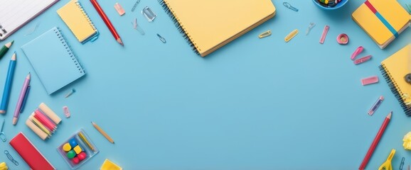 school equipment set illustration back to school background. Back To School Concept. Top View Of Student Table With Backpack, Books And School Stationery background