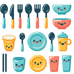 Cute cutlery collection on white background