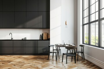 Fototapeta premium White blank wall, minimalist furniture, wooden elements, and a window in this modern kitchen design concept.