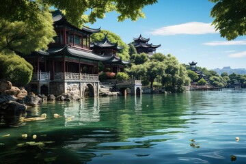 Beihai Park Pagodas by a serene lake in Beijing., generative IA