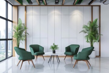 Fototapeta premium Typical lobby interior with armchairs and a coffee table. A mock up of the wall is shown.