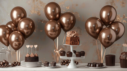 A festive table adorned with an abundance of chocolate cakes and colorful balloons for a holiday or birthday celebration