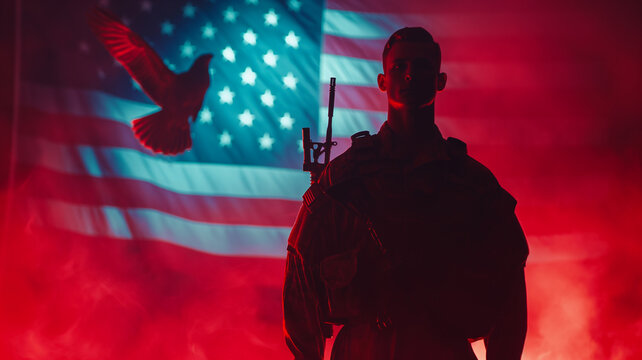 US Soldier Silhouette with Bald Eagle and US Flag on Abstract 4th of July Background