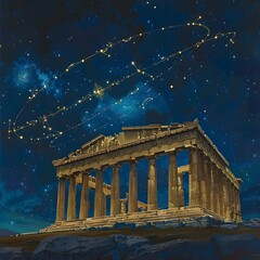Obraz premium Rings Transformed into Celestial Constellations A Starry Night Portrayal of the Classical Parthenon
