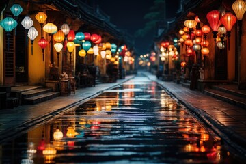 Fototapeta premium Magic night in Hoi an sparkling lanterns by the river., generative IA