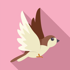 Small brown and white sparrow bird flapping its wings and soaring through a soft pink sky