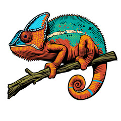 blue and orange colorful chameleon on a branch vector illustration good for tattoo or t-shirt print