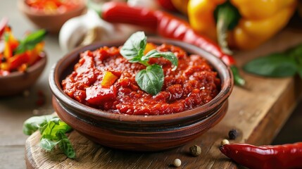 Ajvar appetizer containing freshly prepared sauce with roasted bell pepper and garlic