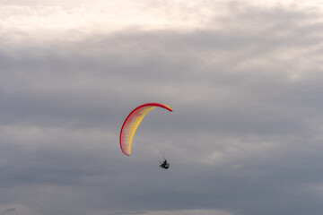Paragliders flying above Donabate beach in Ireland, close to Dublin City.