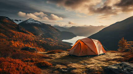 Amazing autumn camping atop a mountain: a lone orange tent nestled in a forest of red dwarf birch bushes. Adventure and tourism concept, perfect for an outdoor voyage. Daytime view.