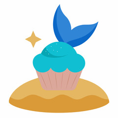 A cupcake with sparkling blue frosting and a mermaid tail topper rests on a sandy beach