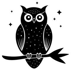 An owl sitting on a branch with a starry night sky vector silhouette
