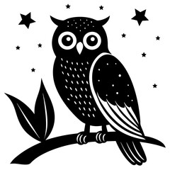 An owl sitting on a branch with a starry night sky vector silhouette