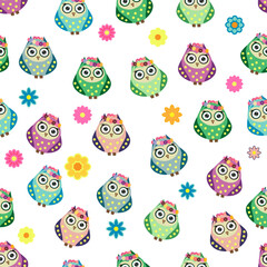 Fototapeta premium Seamless colorful owl pattern for children with flowers, clouds, branches