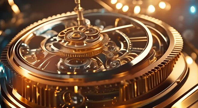Golden steampunk futuristic time machine with gear mechanism and clockwork
