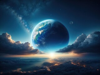 Blue planet earth over the cloudy and star in the sky