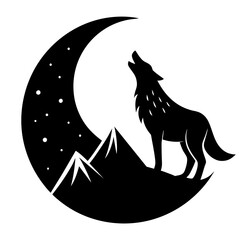 A wolf howling at a crescent moon, with a mountain backdrop  vector silhouette