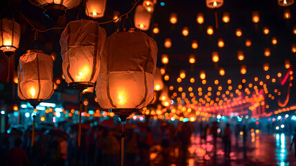 Lanterns with flame at night in asian in Thailand