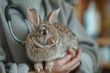 Naklejka premium Elegant shot of a vet gently examining a rabbit in a serene, minimalist clinic,