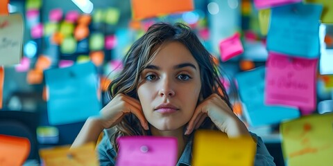Female worker overwhelmed by tasks surrounded by sticky notes in cluttered office. Concept Overwhelmed Worker, Sticky Notes, Cluttered Office, Female Employee, Stressful Environment