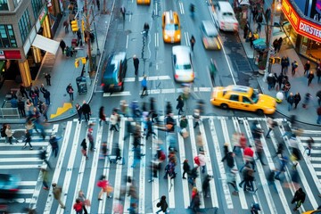 A birds-eye view of a bustling New York City street intersection at dusk, with blurred pedestrians crossing a crosswalk and cars driving through the intersection