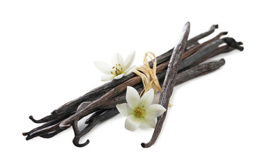 Vanilla pods, and flowers isolated on white