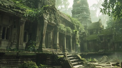 Ancient Temple Overgrown with Lush Vegetation