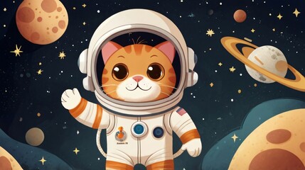 illustration of cute cat as astronaut in space