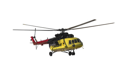 Isolated image of a helicopter in flight on a white background. Yellow fuselage and red tail of the helicopter