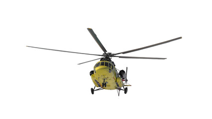 Fototapeta premium Isolated image of a helicopter in flight on a white background. Yellow fuselage and red tail of the helicopter
