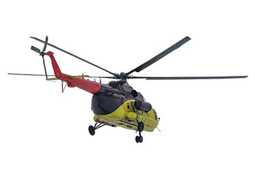 Isolated image of a helicopter in flight on a white background. Yellow fuselage and red tail of the helicopter