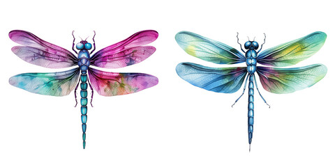 set clipart dragonfly watercolor illustration on transparent background