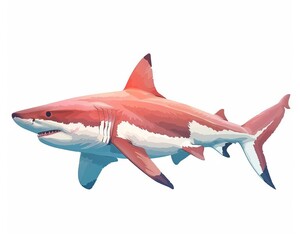 Fototapeta premium A colorful flat design illustration of a side view of a shark swimming in the ocean. This animated image features vibrant colors and a stylized interpretation of a shark in its natural habitat.
