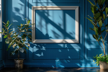 Elegant background featuring a clean white frame on a dark blue surface,