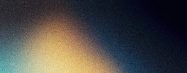 Dark noisy poster background, yellow orange blue glowing color shape grainy noise texture banner wallpaper design, copy space