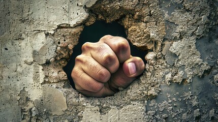 A fist is shown through a hole in a wall. The fist is clenched and the hand is visible. Concept of strength and power