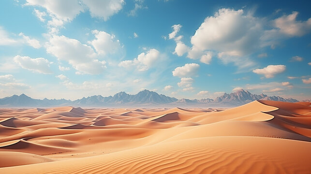 Scenic desert dunes and mountains under a bright cloudy sky, creating a minimalistic natural backdrop.