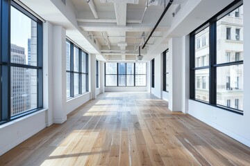 3D rendering of an office space with computers on desks and large cityscape windows. Wooden ceiling details. Light wall mockup for advertisements.