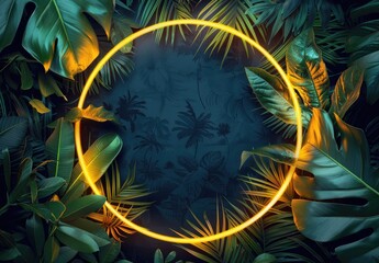 Glowing Yellow Neon Circle Frame Surrounded by Lush Green Tropical Leaves and Smoke, Abstract Green Background