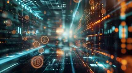 Cybernetic landscape with digital currency symbols integrated into futuristic city skyscrapers