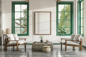 Mockup of an interior design of a luxury home with a relaxing and dining area, with a mockup frame