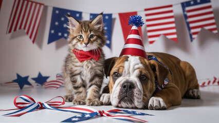 Pet duo, a bulldog and a Maine Coon cat dressed for the 4th of July. Patriotic celebration of US Independence Day In a themed studio with flags in the colors of the US flag.