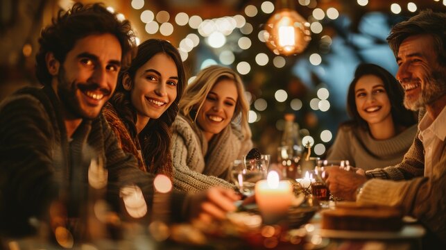 Group of friends enjoying festive dinner, warmly lit setting with delightful atmosphere and cozy environment.