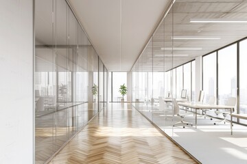 Fototapeta premium The meeting room features a boardroom table, chairs, and a sideboard near a panoramic window in a stylish design