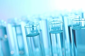 Many glass test tubes on light blue background, closeup