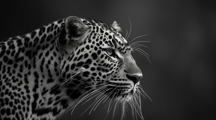 Fototapeta premium Close up of monochrome portrait of leopard isolating on dark background
